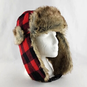 Old Navy Red Black Cherckered Trapper Winter Hat Faux Fur Size L - XL